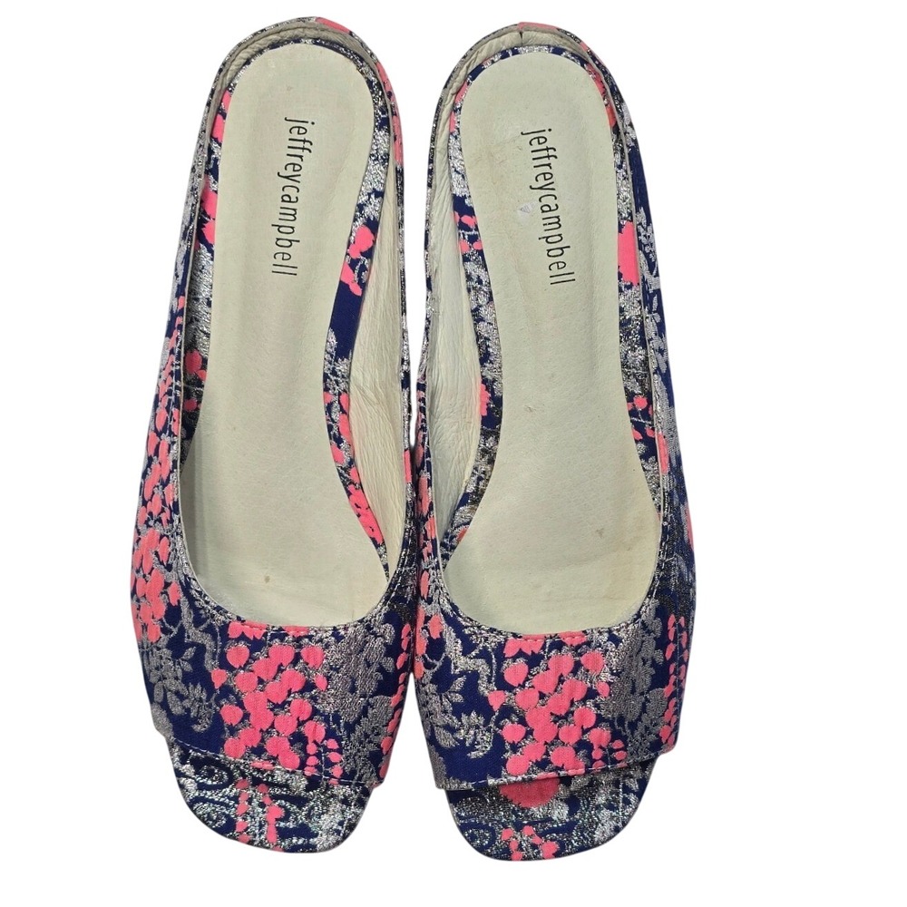 Jeffrey Campbell Del Mar 10 orient inspo navy blue pink silver brocade peep flat